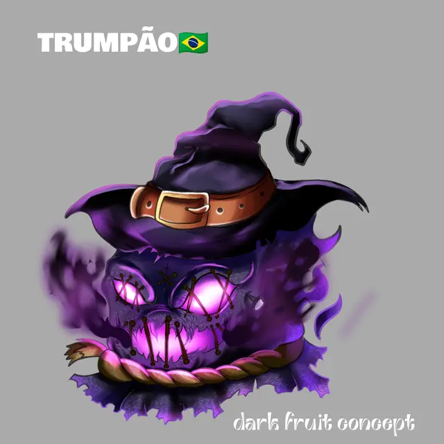 Purple spectral fruit wearing a witch hat, with glowing magenta stitched eyes and a rope binding.