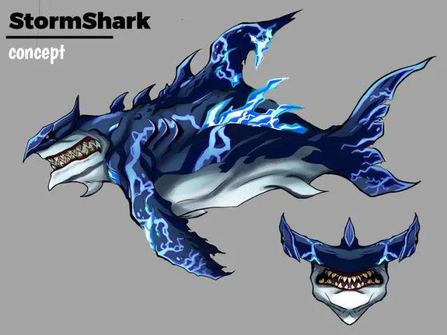 Dark blue shark creature crackling with electric blue lightning, shown in profile with a separate front view of the head.