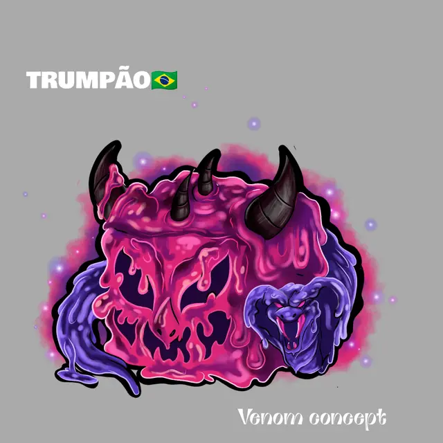 Dripping pink and purple horned fruit with a snarling face and a snake coiled beside it.